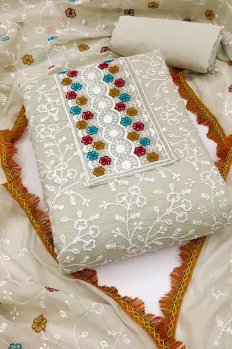 beige cotton embroidered dress material