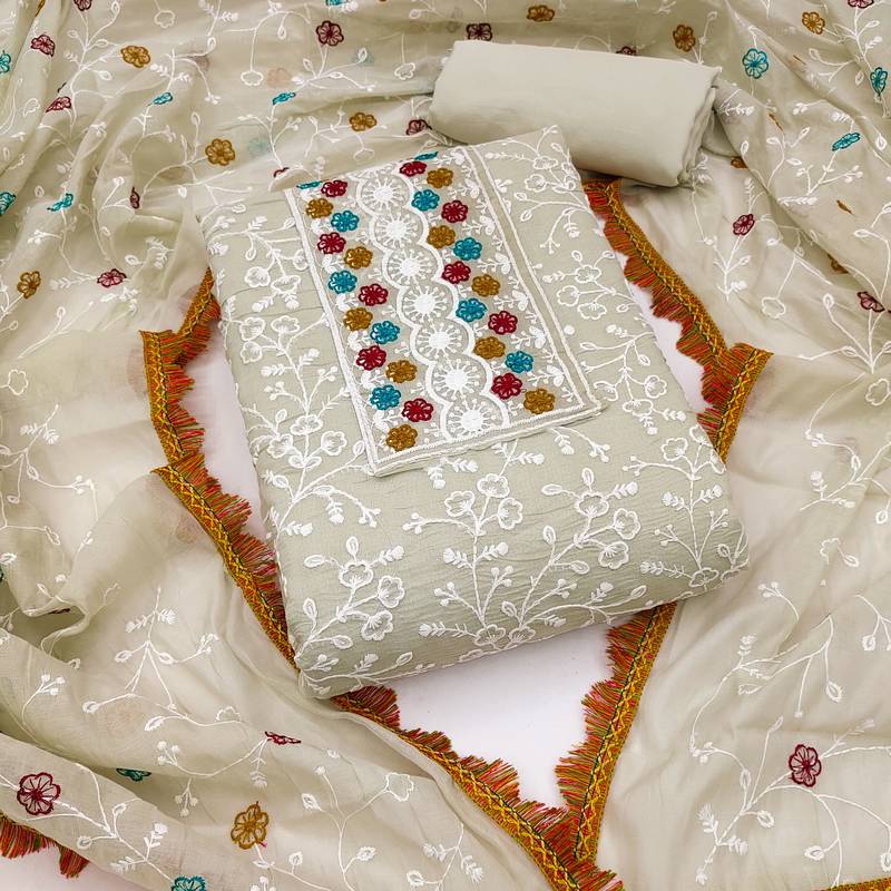 beige cotton embroidered dress material