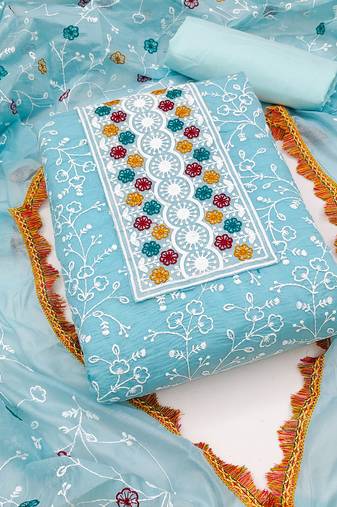 sky blue cotton embroidered dress material