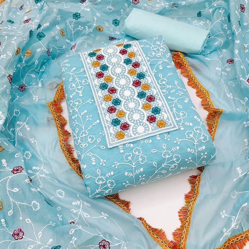 sky blue cotton embroidered dress material