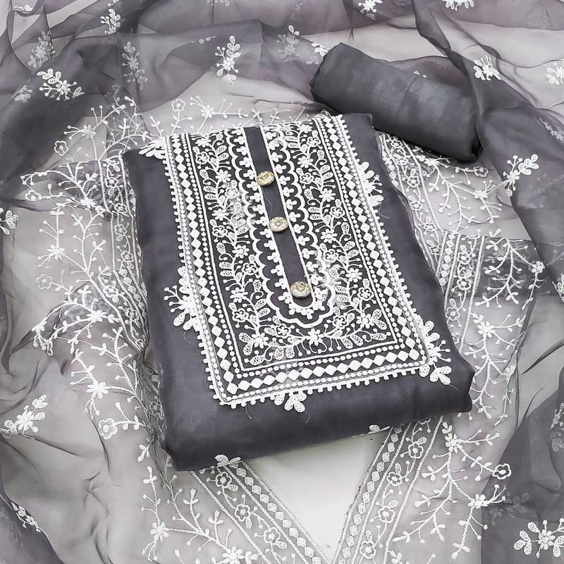 grey organza embroidered dress material