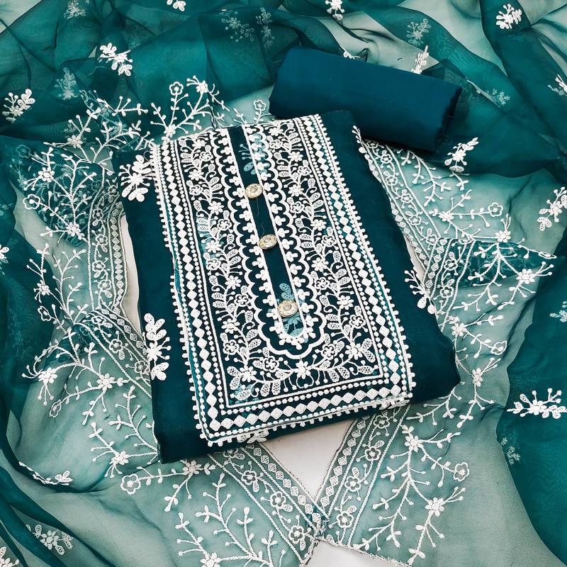 green organza embroidered dress material