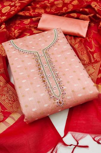 peach jacquard hand embroidery dress material