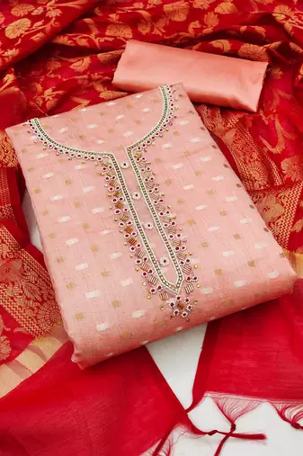 peach jacquard hand embroidery dress material