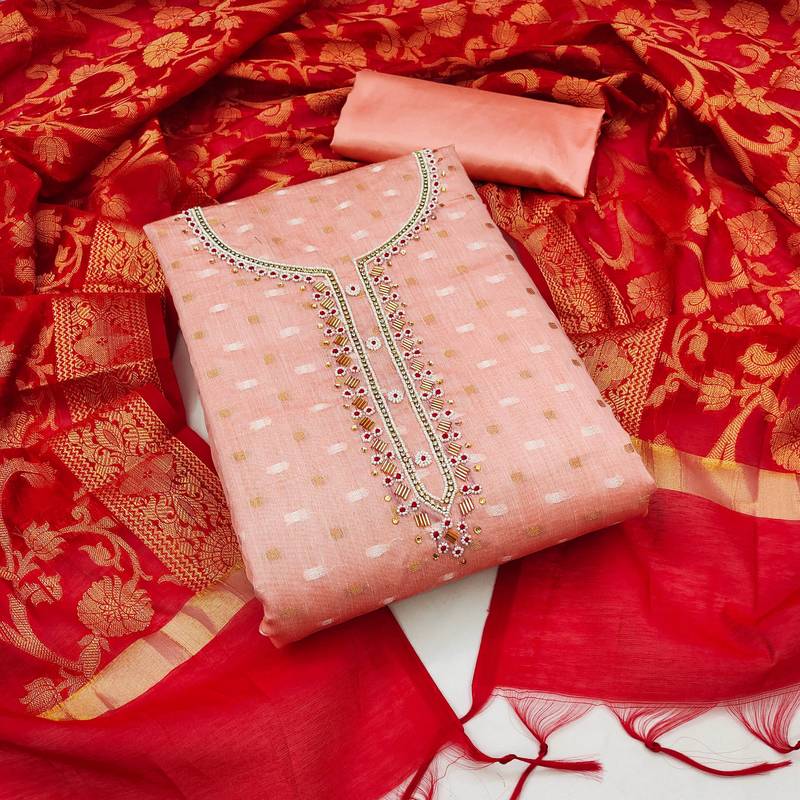 peach jacquard hand embroidery dress material