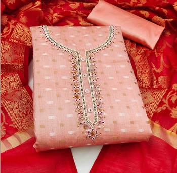 peach jacquard hand embroidery dress material 3