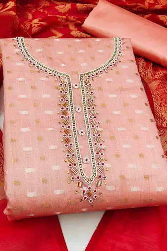 peach jacquard hand embroidery dress material