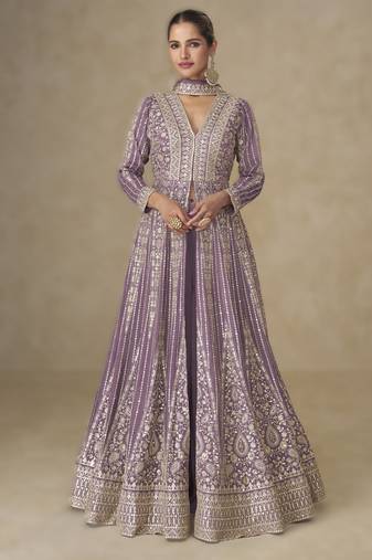 Purple silk embroidered Anarkali with pant and dupatta