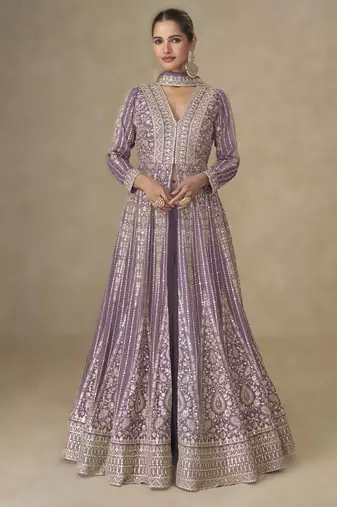 Purple silk embroidered Anarkali with pant and dupatta