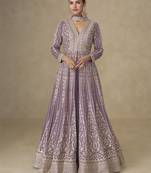 Purple silk embroidered Anarkali with pant and dupatta