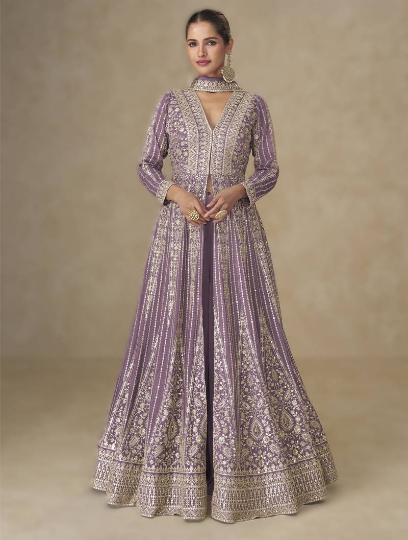 Purple silk embroidered Anarkali with pant and dupatta