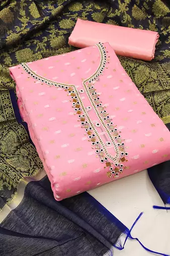 pink jacquard hand embroidery dress material