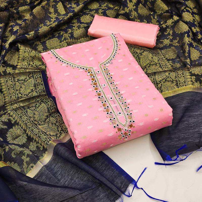 pink jacquard hand embroidery dress material