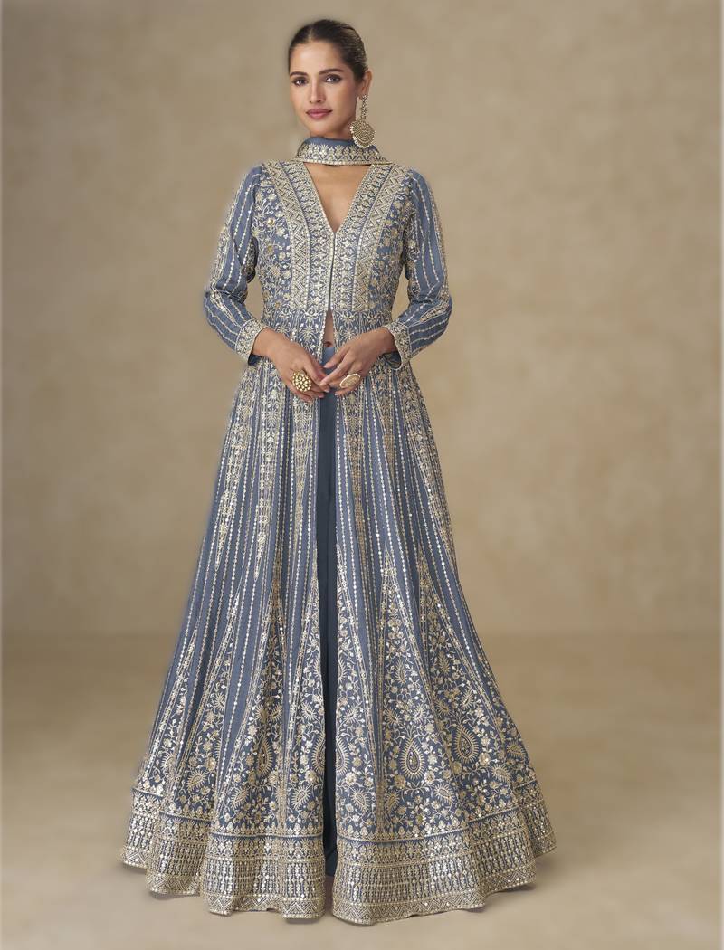 Navy blue silk embroidered Anarkali with pant and dupatta