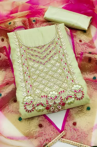 green chanderi hand embroidery dress material