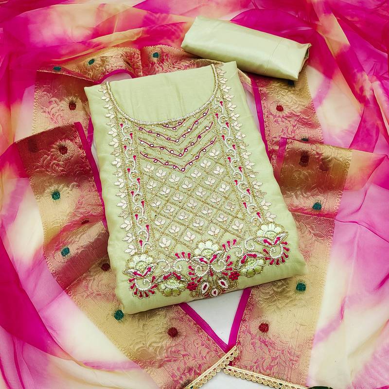 green chanderi hand embroidery dress material