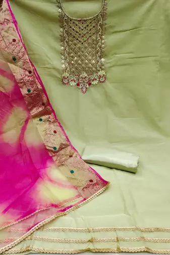 green chanderi hand embroidery dress material