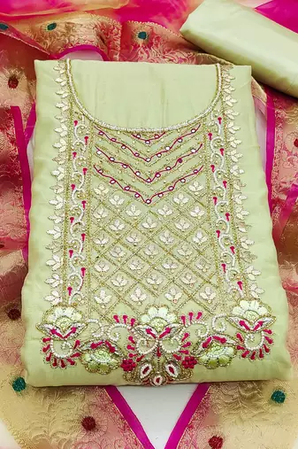 green chanderi hand embroidery dress material