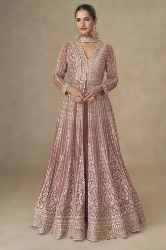 Pink blue silk embroidered Anarkali with pant and dupatta