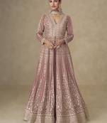 Pink blue silk embroidered Anarkali with pant and dupatta