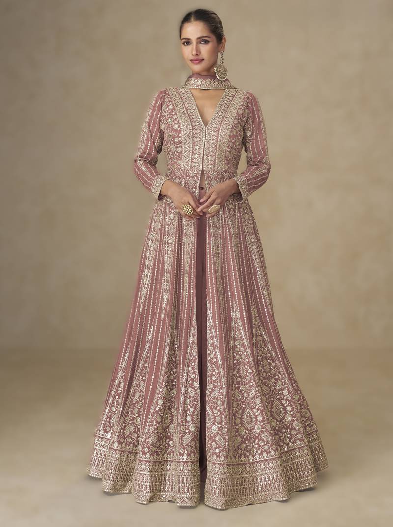 Pink blue silk embroidered Anarkali with pant and dupatta