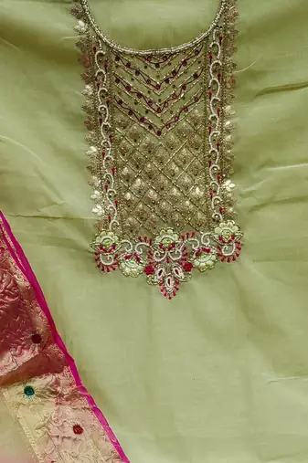 green chanderi hand embroidery dress material
