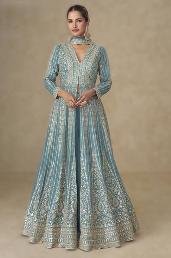 Sky blue silk embroidered Anarkali with pant and dupatta