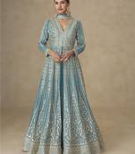 Sky blue silk embroidered Anarkali with pant and dupatta