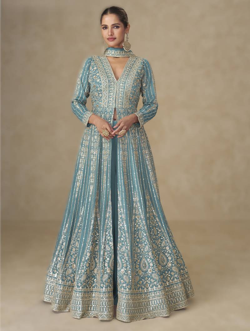 Sky blue silk embroidered Anarkali with pant and dupatta