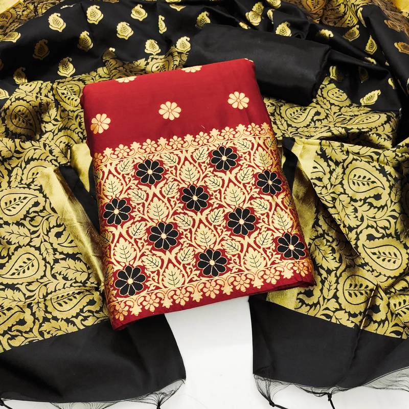 maroon jacquard woven dress material