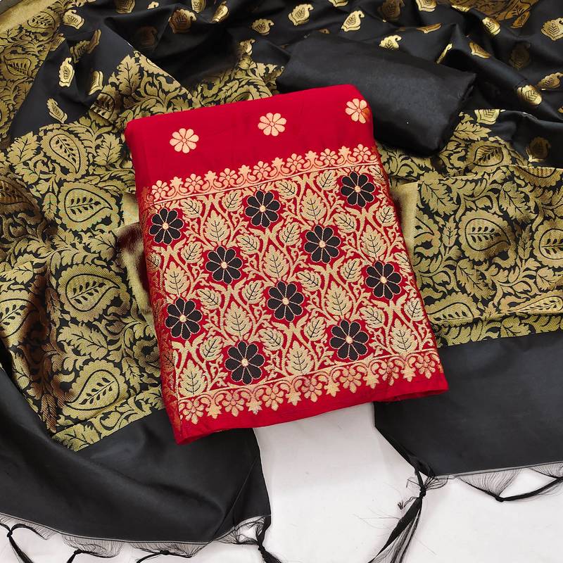 red jacquard woven dress material