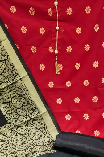 red jacquard woven dress material