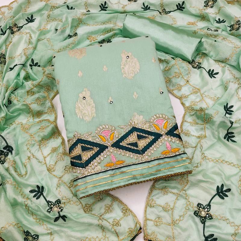 light green jacquard embroidered dress material