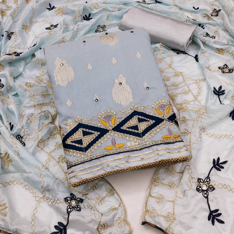 sea green jacquard embroidered dress material