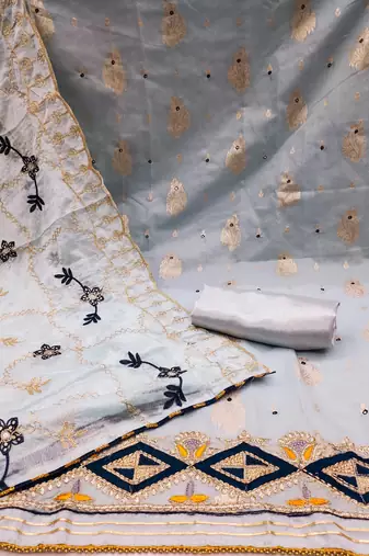 sea green jacquard embroidered dress material