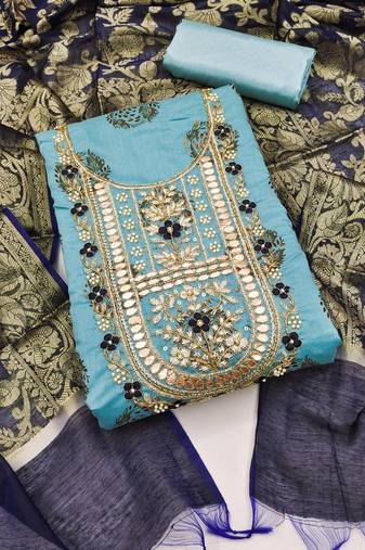 sea green cotton hand embroidery dress material