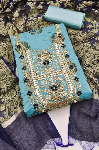 sea green cotton hand embroidery dress material