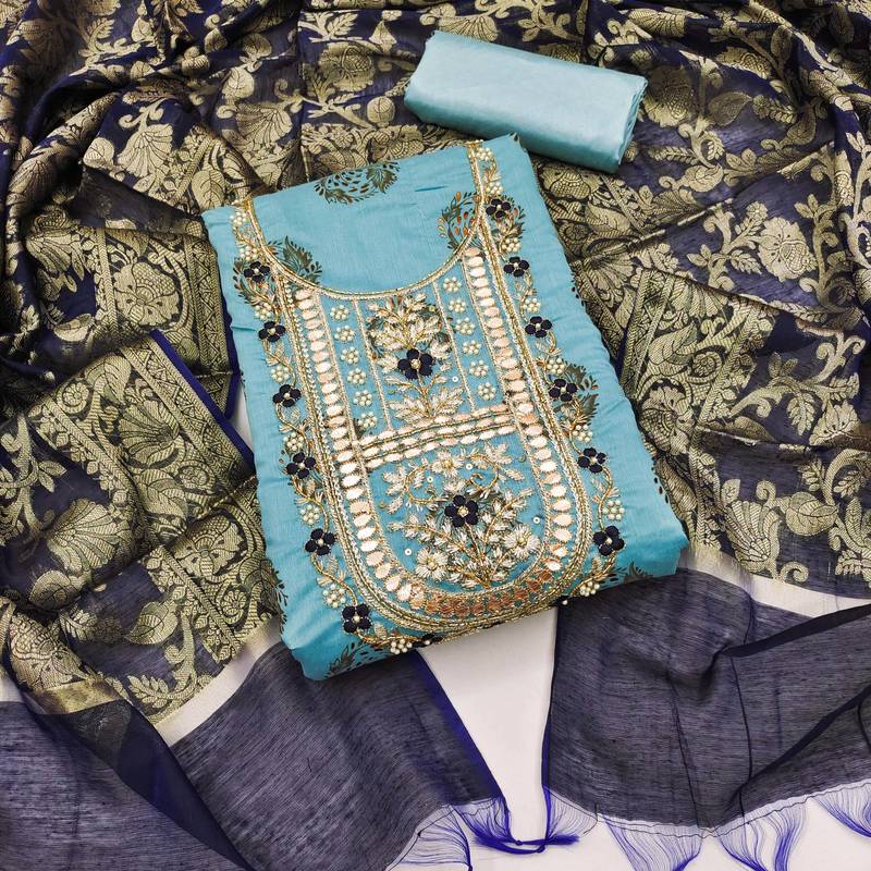 sea green cotton hand embroidery dress material