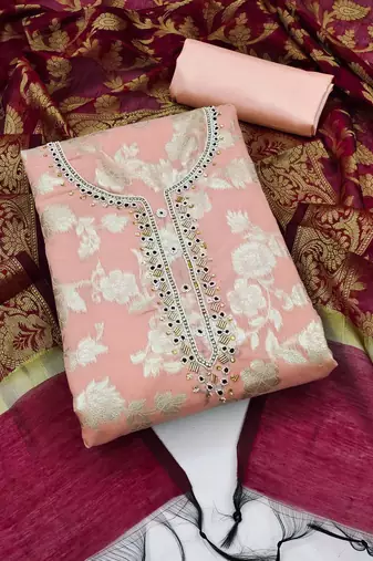 peach jacquard hand embroidery dress material