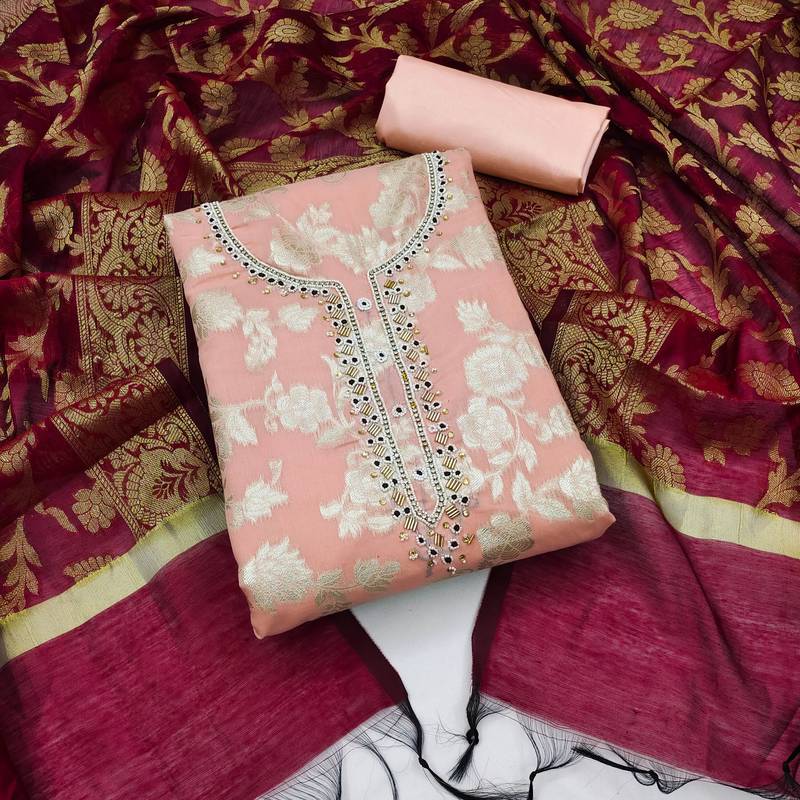 peach jacquard hand embroidery dress material