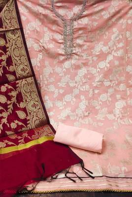 peach jacquard hand embroidery dress material 2