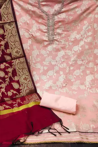 peach jacquard hand embroidery dress material