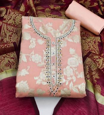peach jacquard hand embroidery dress material 3