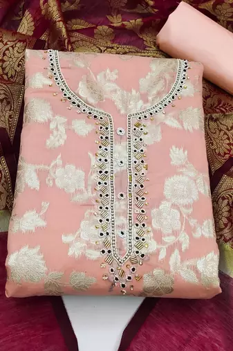 peach jacquard hand embroidery dress material