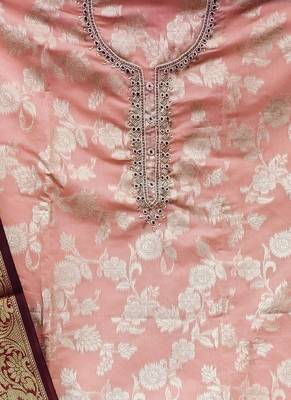 peach jacquard hand embroidery dress material 4