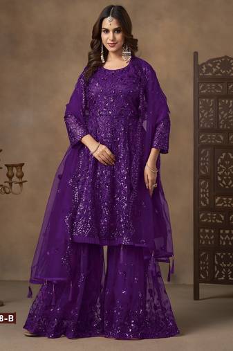 violet net sharara embroidered sequins & mirror work suit