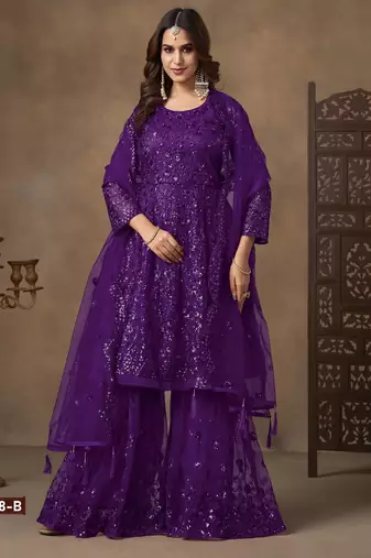 violet net sharara embroidered sequins & mirror work suit