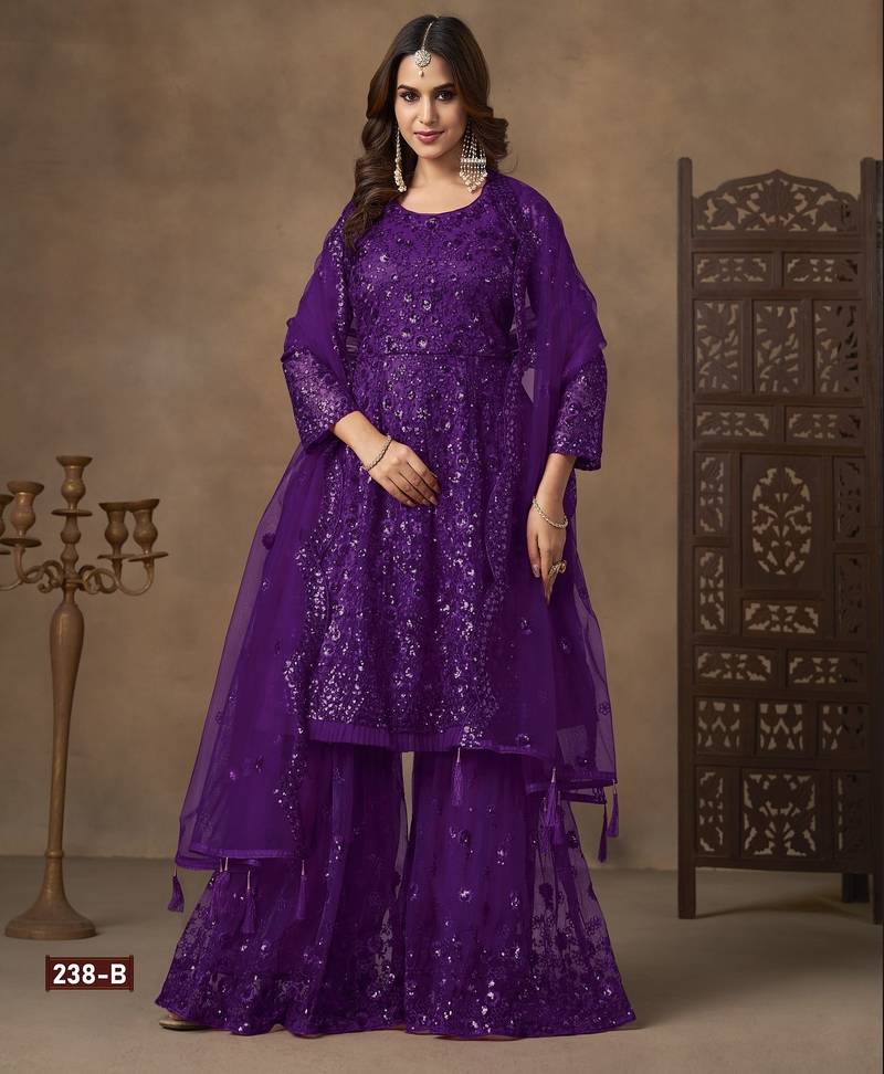 violet net sharara embroidered sequins & mirror work suit