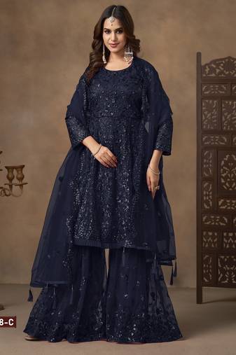 navy net sharara embroidered sequins & mirror work suit