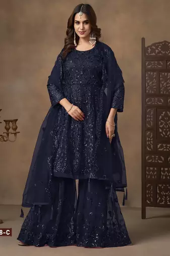 Navy net semi stitched sharara suit with heavy sequince work
